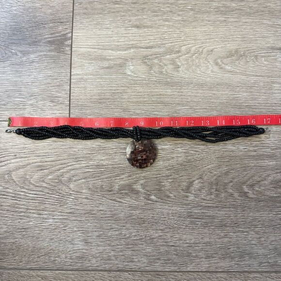 Multi Strand Wood Beaded Mosaic Round Pendant Necklace, Brown 17” Long - Picture 4 of 5